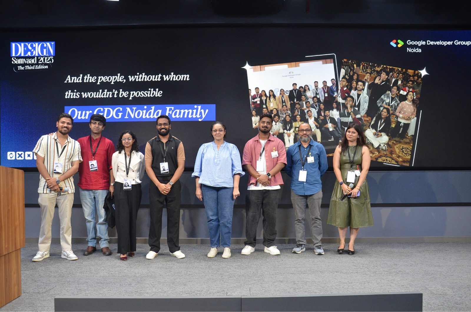 The GDG Noida organising team on stage in front of a thank-you slide